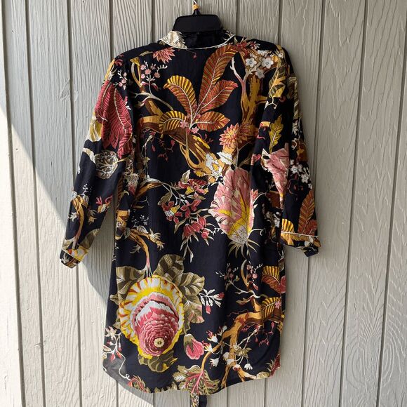 Vintage Lightweight Cotton Robe – Black Botanical Print, Belted Kimono Style - Picture 7 of 8